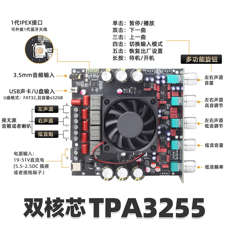 S600X TPA3255功放板2.1声道蓝牙功放HIFI音响扩大机高功率功放模
