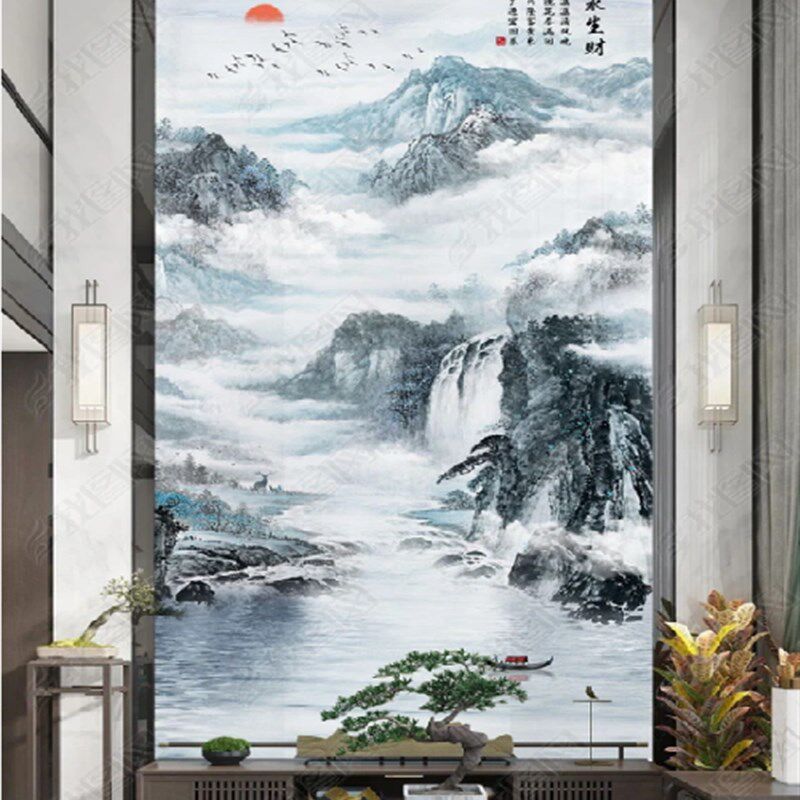 现代简约轻奢别墅复式楼岩板电视背景墙客厅中空挑高影视墙木格栅