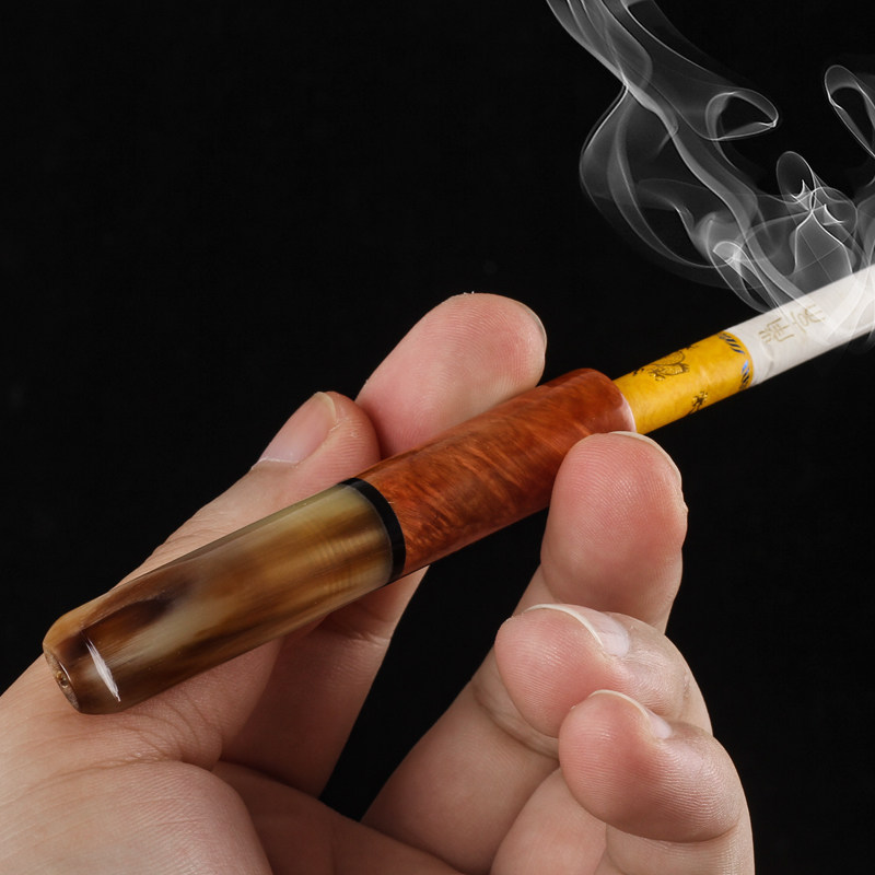9mm活性炭滤芯循环过滤烟嘴石楠木+牦牛角烟嘴便携式粗细两用烟嘴