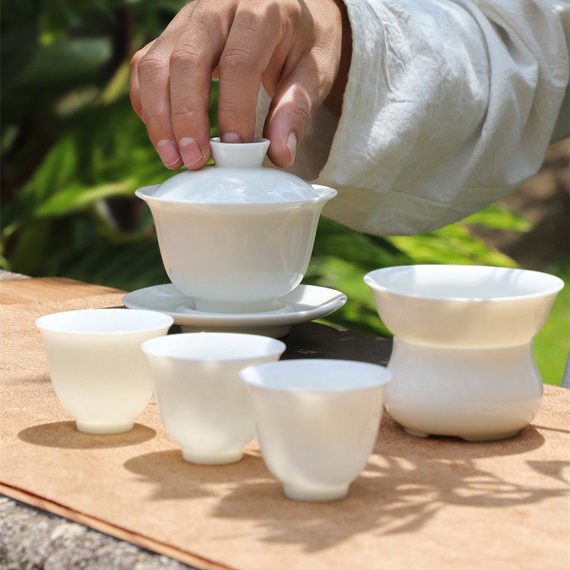 白瓷盖碗茶杯单个家用陶瓷三才泡茶碗不烫手高端羊脂玉瓷茶具套装