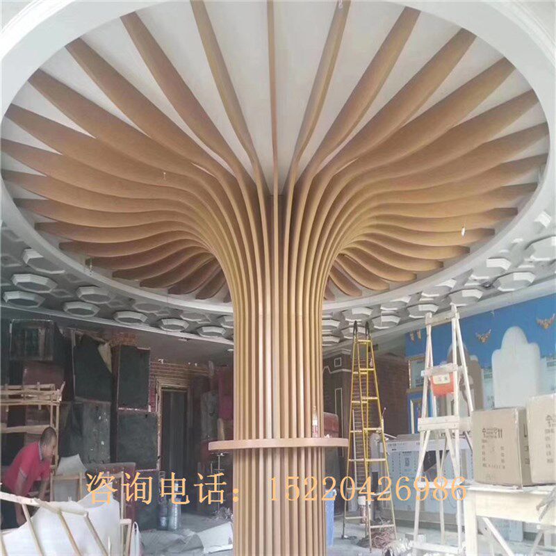 定制室内生态木异型方通格栅吊顶装饰弧形艺术拉弯型材木纹铝方管