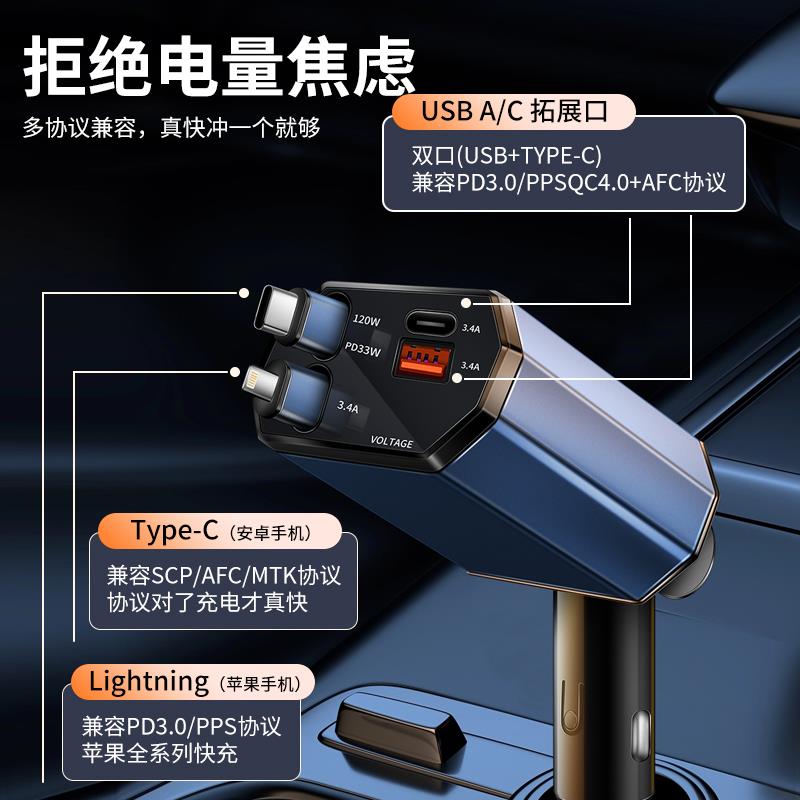 车载充电器120W超级快充手机伸缩数据线一拖四汽车点烟器转换插头