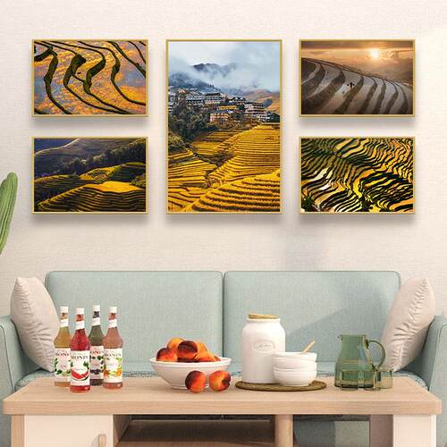 金色梯田步步高升挂画农耕稻田墙壁画农村山水田园风景餐厅装饰画