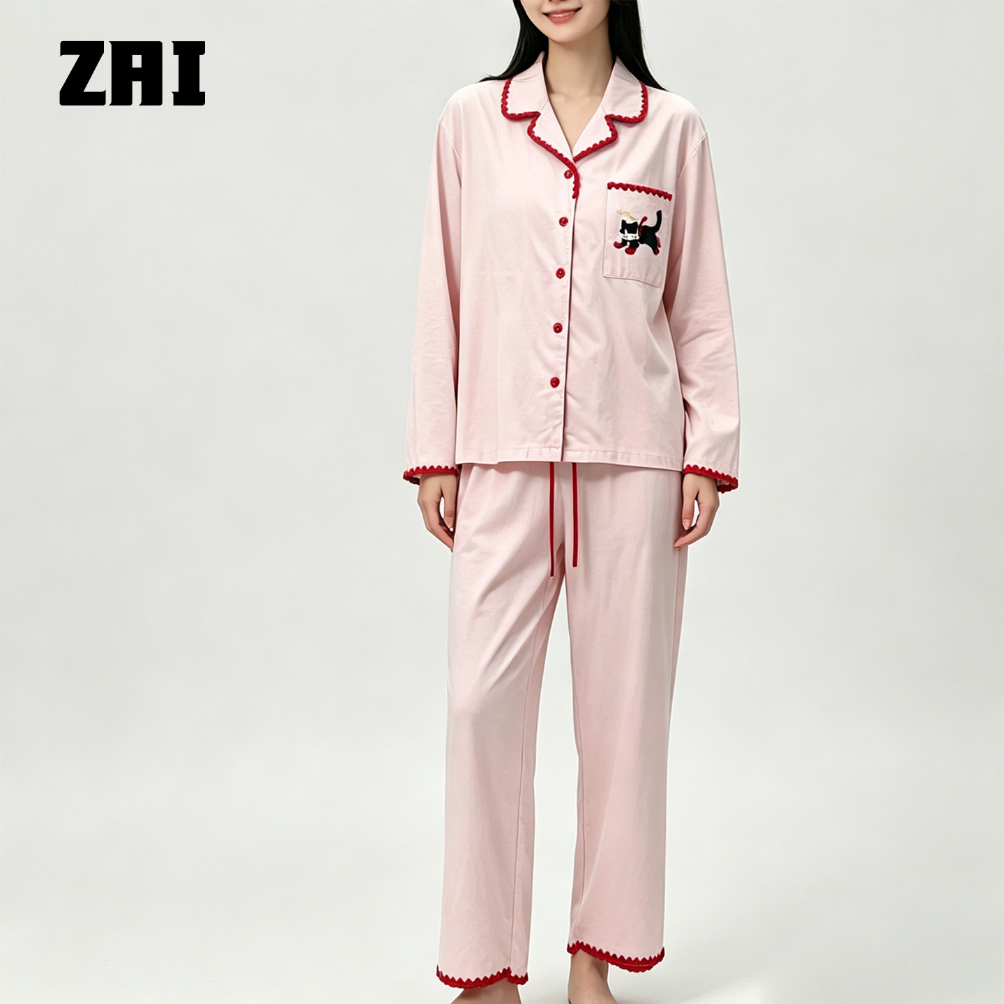 Zai Living/也宅粉红黑猫潮牌女款天丝棉透气宽松家居服睡衣套装