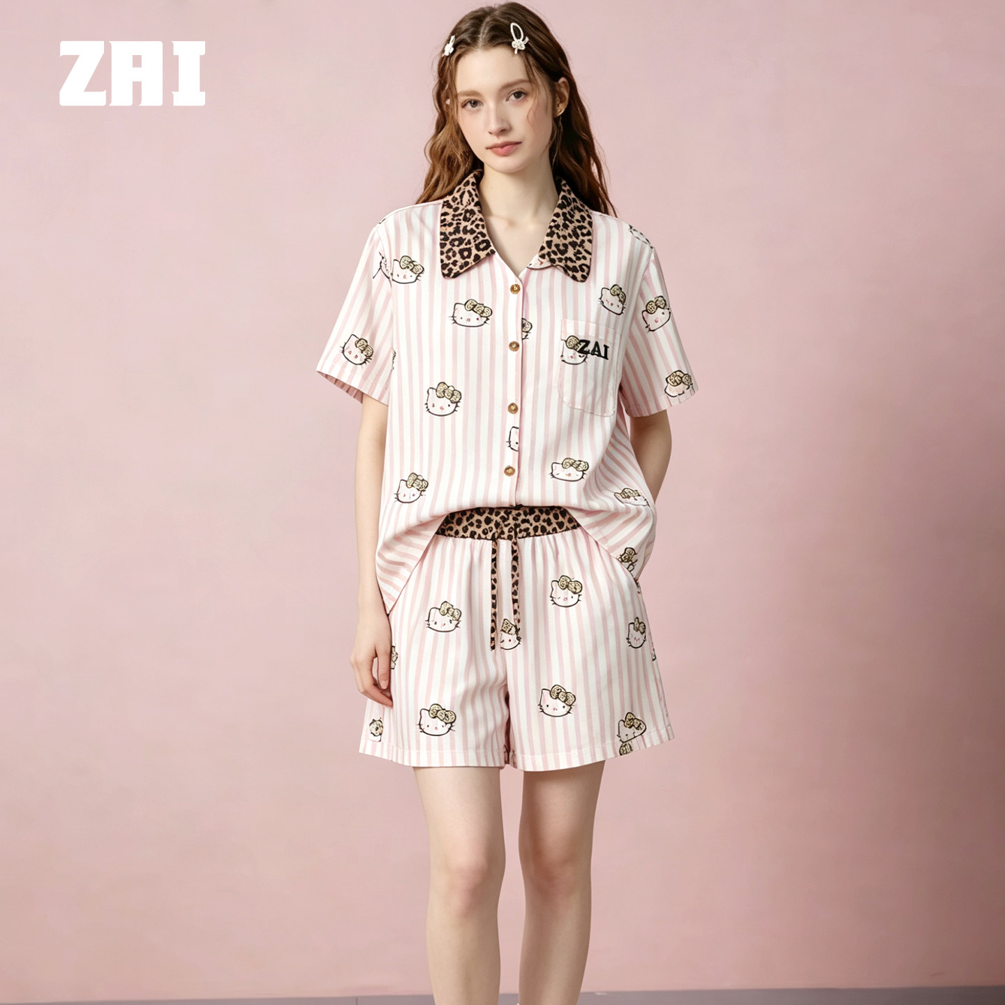 Zai Living/也宅也宅豹纹小猫纯棉Kitty印花睡衣女夏季家居服