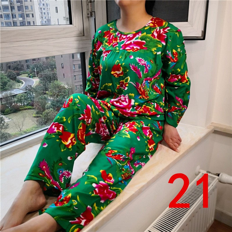 女士夏季绵绸长袖长裤睡衣套装东北大红花家居服人造棉绸空调服