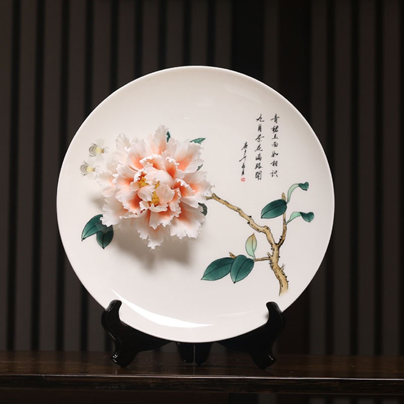 陶瓷花挂盘摆件瓷器工艺品富贵牡丹纯手工捏花客厅办公室瓷雕摆设