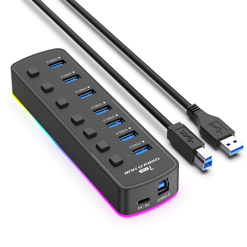 rgb灯光usb3.0集线器7口HUB分线器电脑转换器独立开关带供电私模