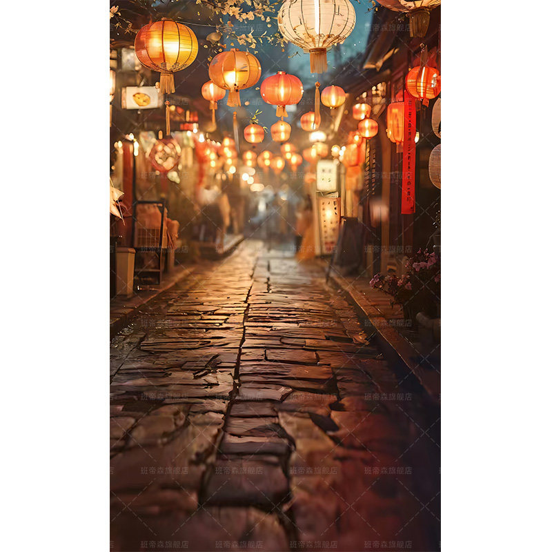 新款新年灯笼贺岁儿童影楼婚纱摄影拍照背景布国风古装夜景摄影背