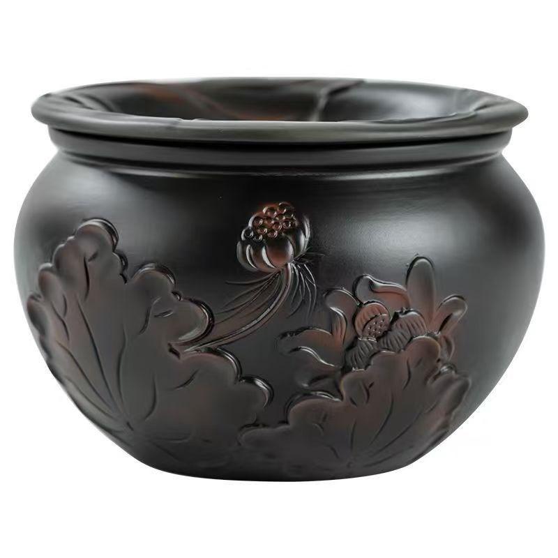 紫陶茶渣缸家用客厅茶洗陶瓷大号复古带盖过滤水盂水洗茶具配件