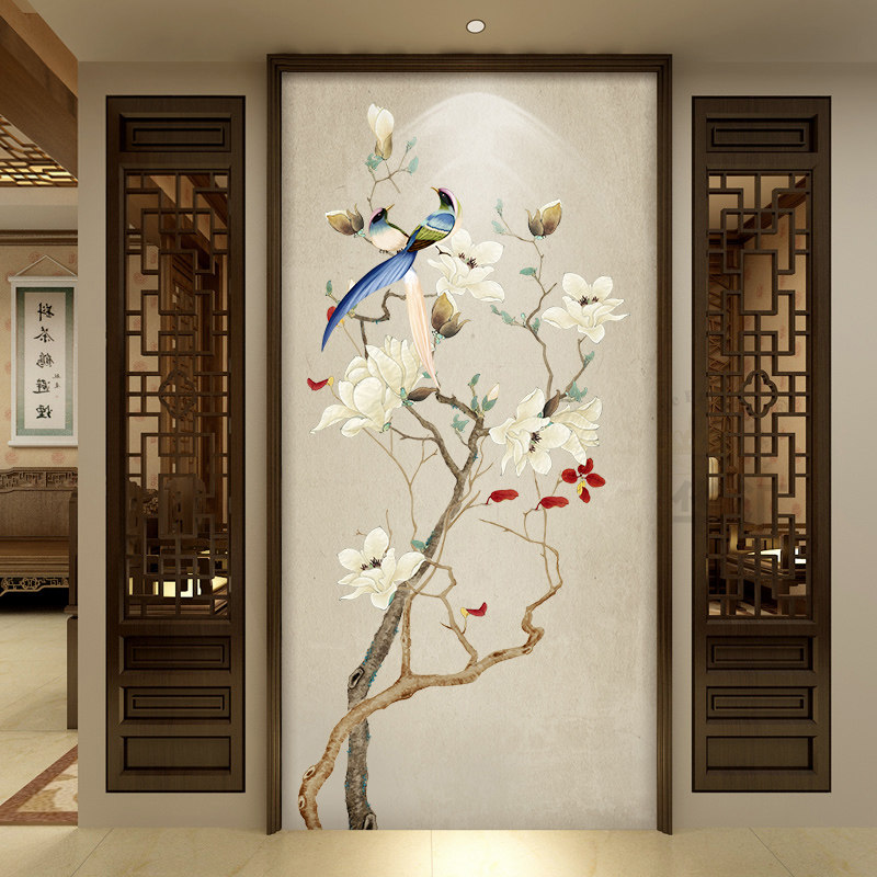 18d走廊玄关壁画玉兰花鸟壁纸新中式5d客厅电视背景墙纸无缝墙布