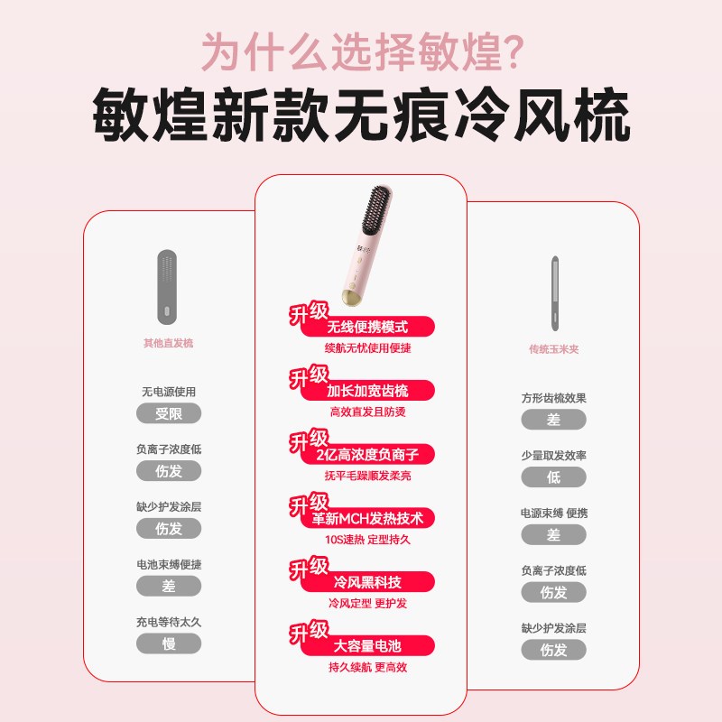 敏煌无线直发梳负离子直卷两用便携梳子卷发棒冷风定型蓬松高颅顶