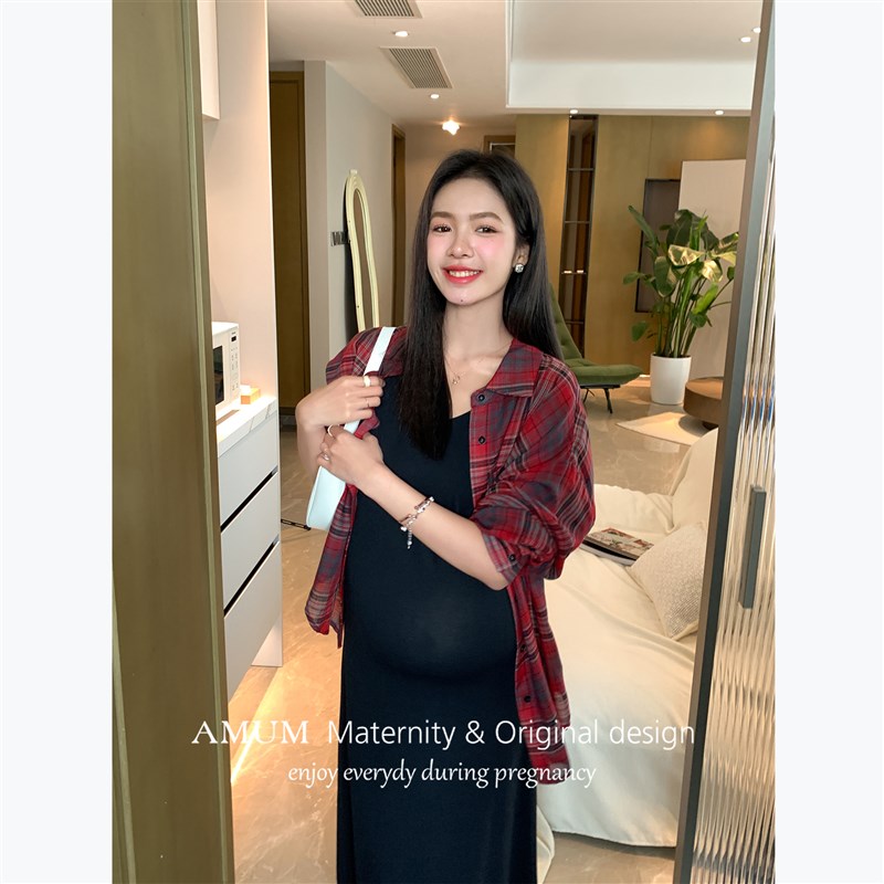 AMUM孕妇装慵懒Tag~包容性强休闲柔软长款百搭吊带打底连衣裙