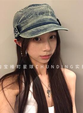复古丹宁水洗牛仔平顶帽女2026新款做旧马术帽显脸小百搭鸭舌帽子