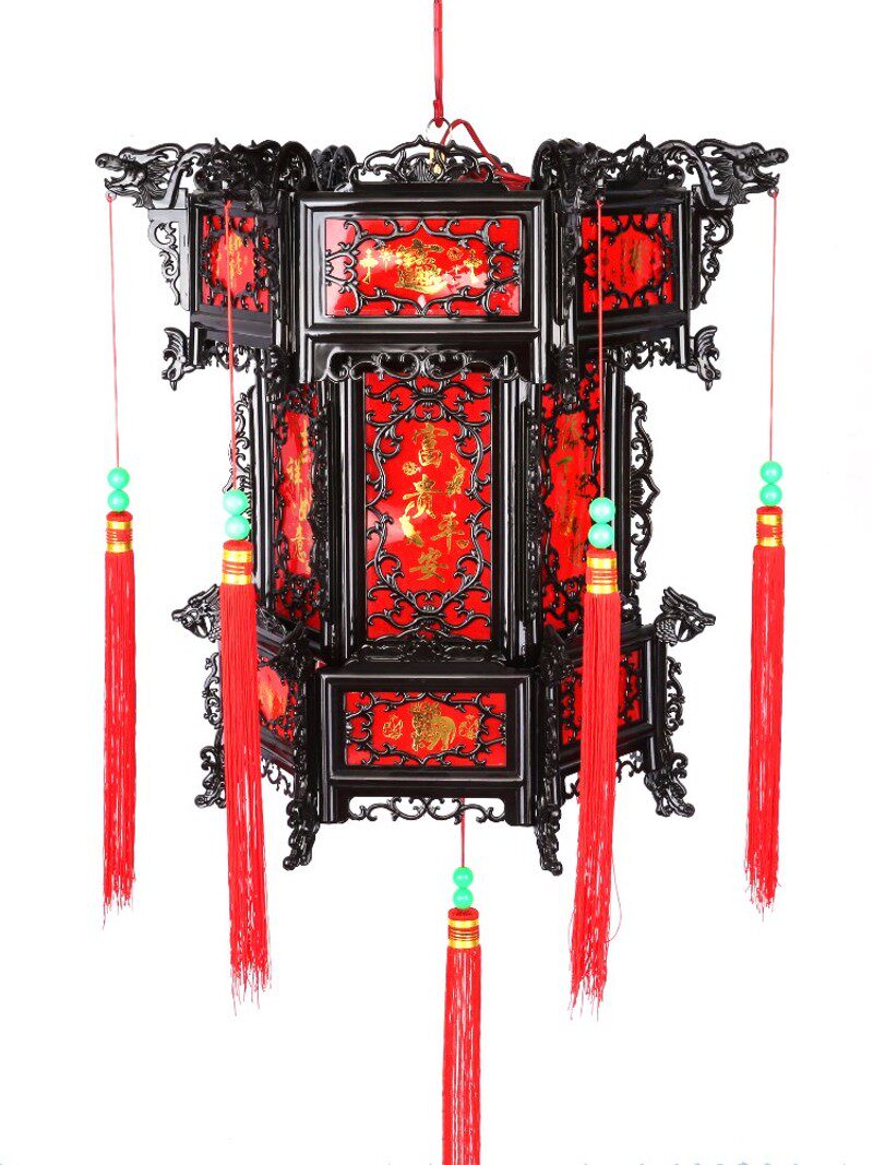 中式旋转仿古宫灯六角塑料灯笼喜庆元旦节日大红灯笼阳台吊灯挂饰