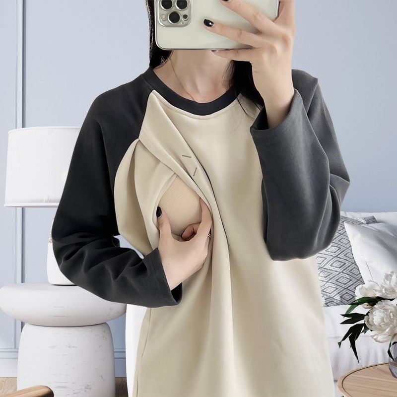 产后哺乳衣春秋外出穿辣妈款喂奶上衣T恤哺乳期秋冬款内搭打底衫
