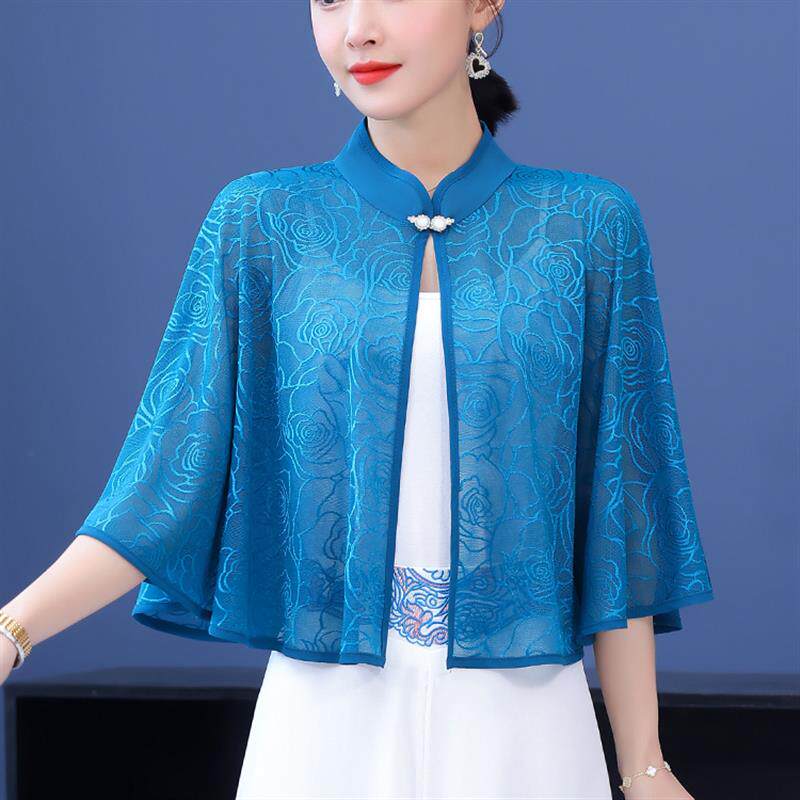 中式旗袍披肩女外搭夏薄款配裙子蕾丝斗篷小坎肩黑色云肩防晒披风