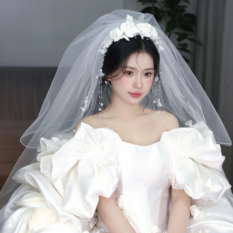 超仙花朵复古头纱结婚蓬蓬婚纱头饰拍照领证新娘道具造型摄影韩式