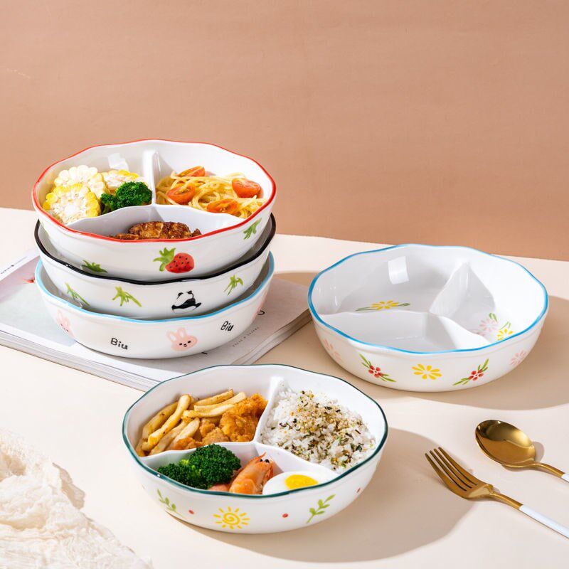 日系陶瓷加深分格餐盘带盖减脂三格盘可微波炉菜盘水果盘儿童便当