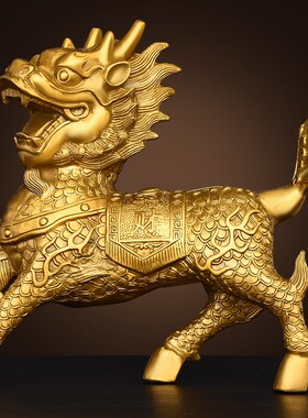 纯黄铜麒麟摆件一对公母火麒麟家居客厅玄关装饰办公室工艺品瑞兽