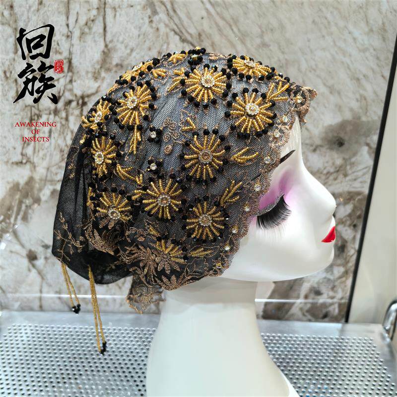 新款回头巾遮白发头饰帽子纱巾女头巾盖头方便套头蕾丝帽民族沙巾