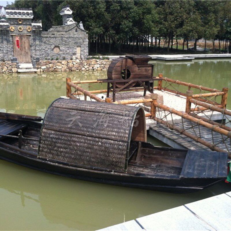 木船渔船实木仿旧复古手划乌篷船水上观光旅游景观装饰单蓬餐饮船