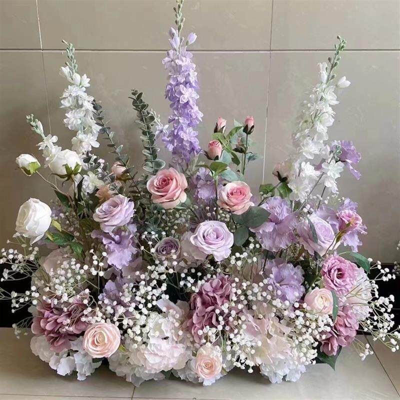 成品婚礼现场花艺排花地排花满天星玫瑰假花 T台路引花排装饰花