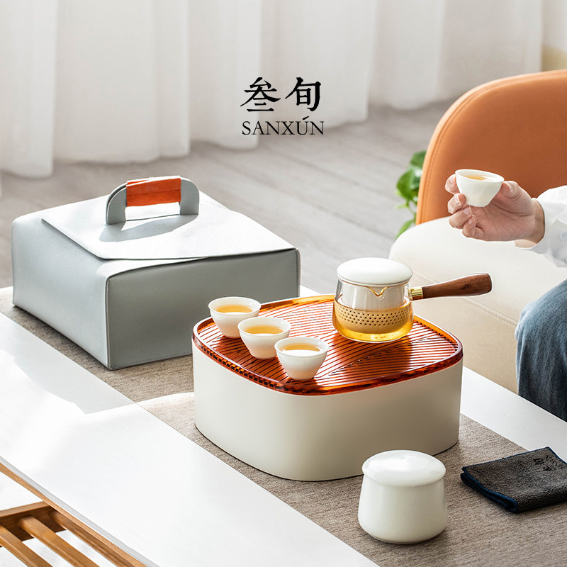 叁旬清远旅行车载玻璃茶具套装便携户外露营旅游功夫小套快客茶杯