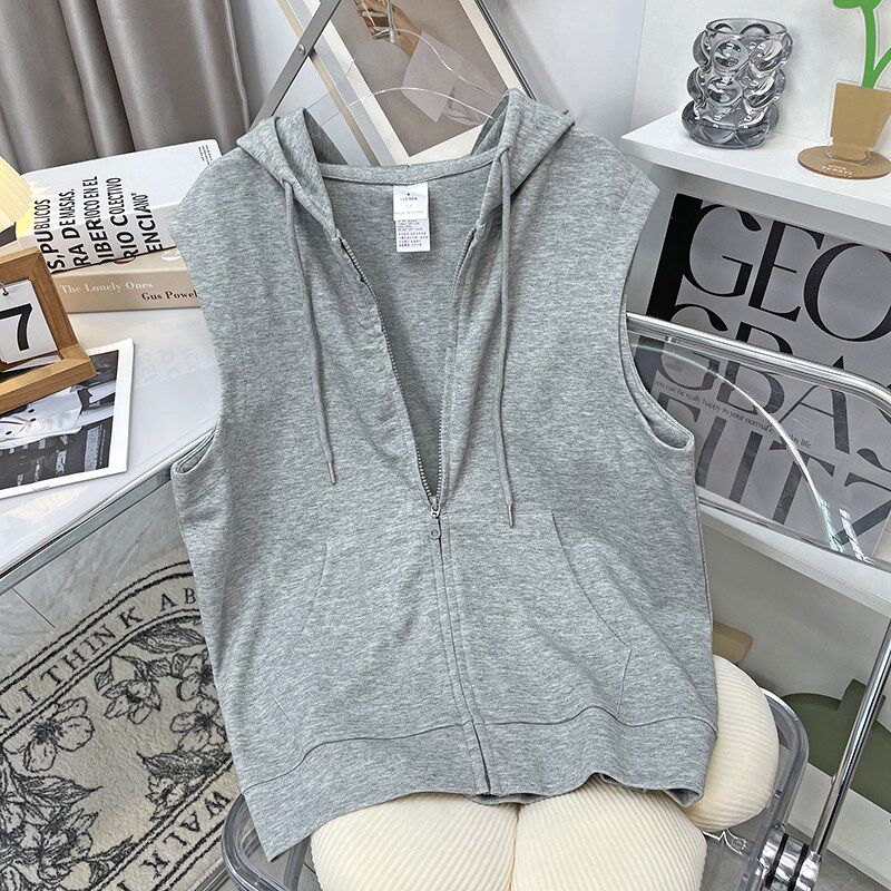 马夹背心女2024春秋新款休闲外穿马甲开衫无袖卫衣连帽拉链外套潮