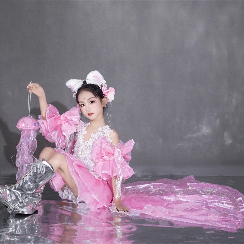 女童粉红仙女裙二十四节气主题礼服春分花海T台走秀甜美摄影礼服