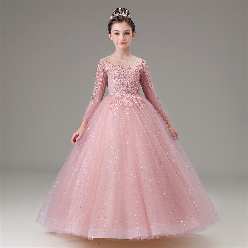 儿童礼服粉色长袖秋冬花童公主裙小女孩生日女童主持人钢琴演出服