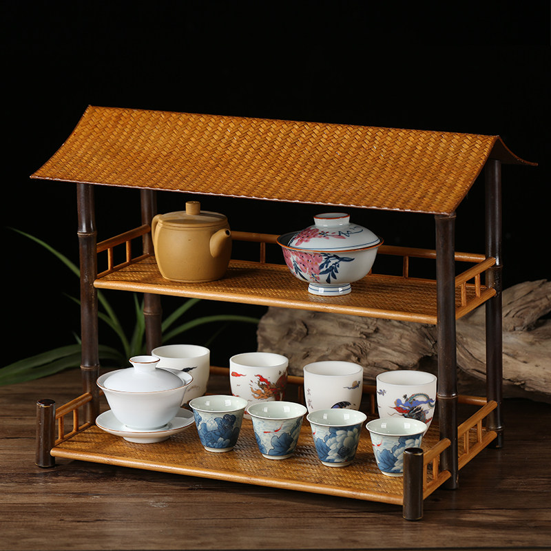 中式竹编竹制杯子架子置物架桌面茶具收纳层架展示架茶棚杯架博古