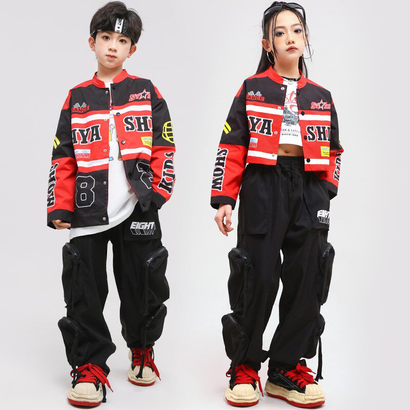 街舞儿童嘻哈机车风拼色外套男女童爵士hiphop架子鼓表演服演出服