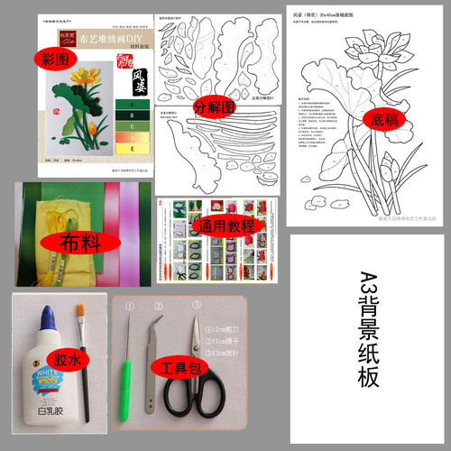 非遗8k/A3国风棉布贴画DIY材料套装【花草】丝绫堆绣/需裁剪学生