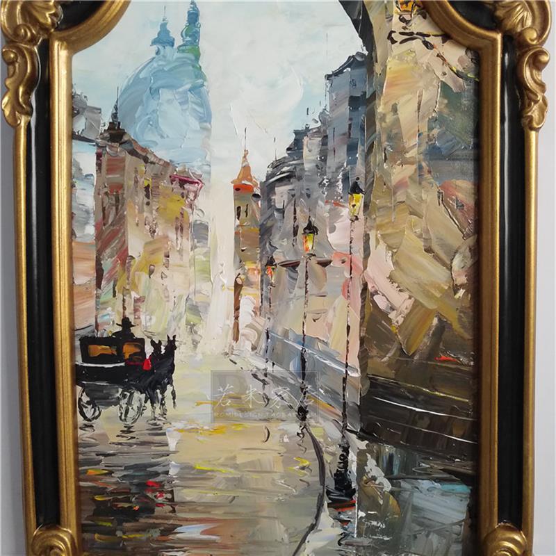 50x99美欧式沙发背景墙玄关挂画刀画笔触建筑马车街景油画纯手绘