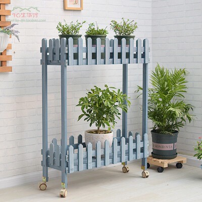 复古蓝色双层带栅栏室内实木质花架阳台带轮防水防腐户外花店盆架
