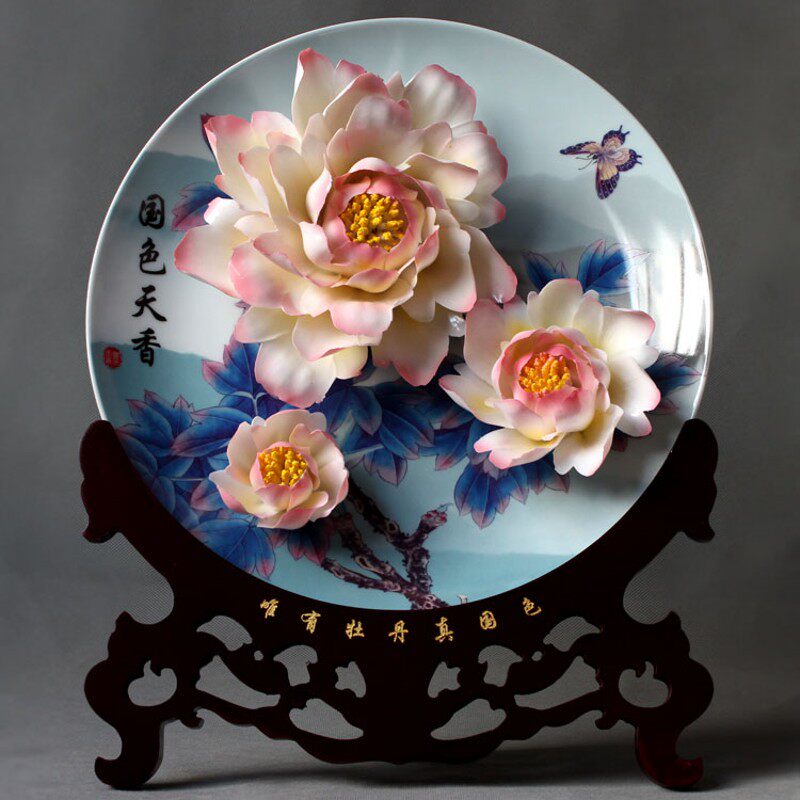 12寸烤花洛阳牡丹瓷盘花挂盘摆件礼品陶瓷家居装饰品花开富贵招财
