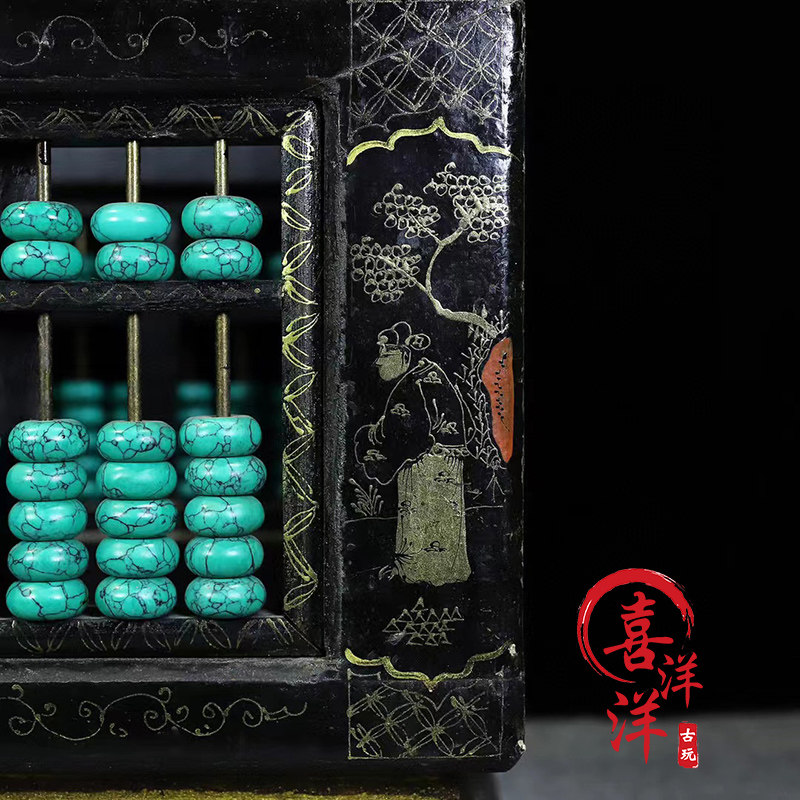 手工彩绘描金木胎漆器笔筒 古董风格方形松石算盘招财摆设