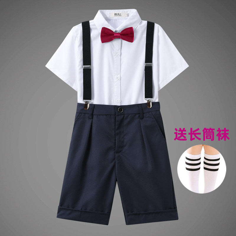 纯白短袖短裤领结演出服服装男童礼服小学生背带幼儿园白衬衫黑裤