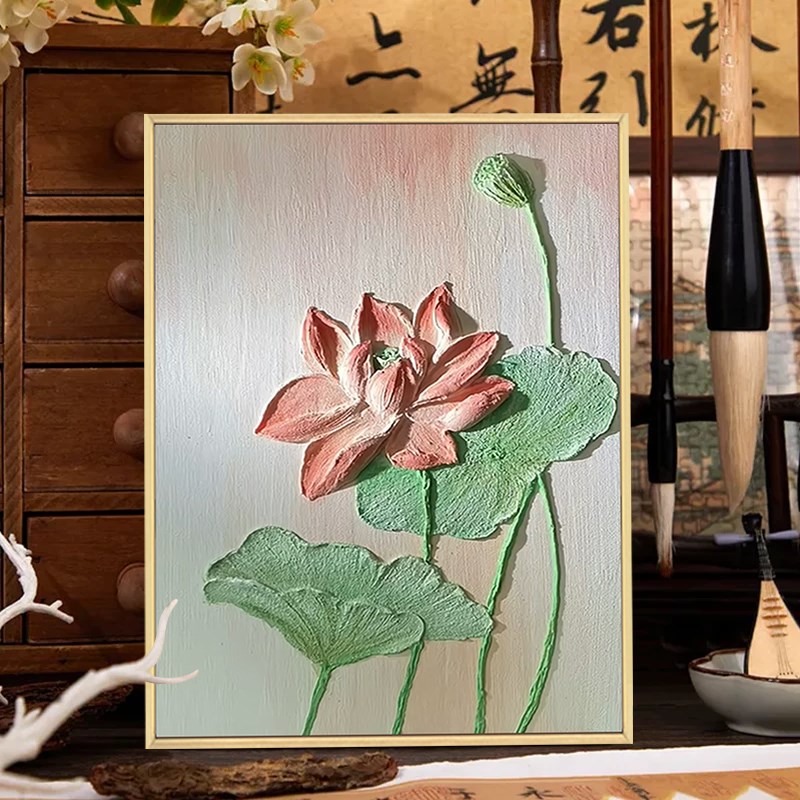 中国风荷花肌理画石英砂diy手工绘全套材料包中式装饰画数字油画
