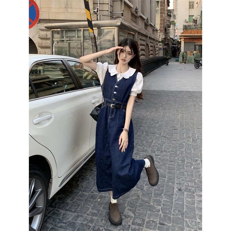 145小个子时尚套装女150cm无袖背心牛仔连衣裙衬衫上衣两件套xs夏