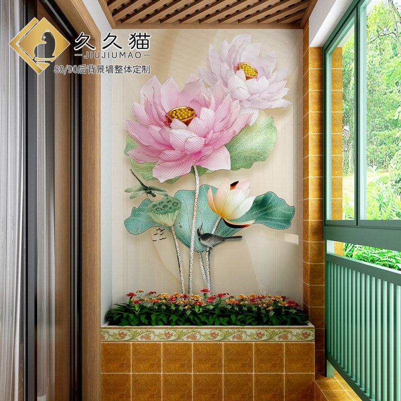中式客厅简约玄关瓷砖背景墙过道走廊装饰画岩板壁画荷花莲花全瓷