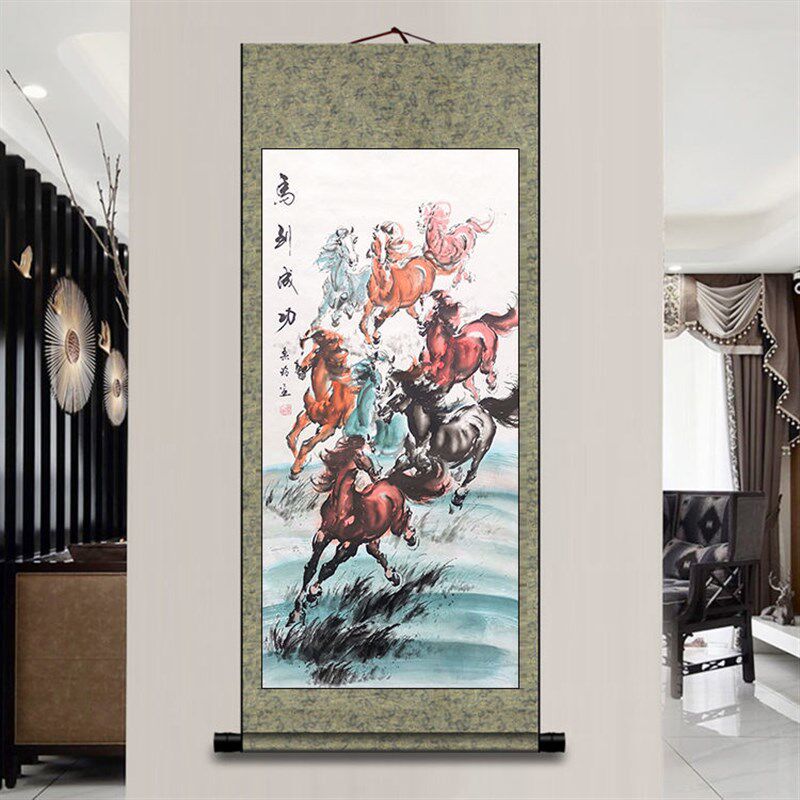 马到成功办公室挂画竖幅字画八骏图挂画卷轴装饰客厅水墨画国画