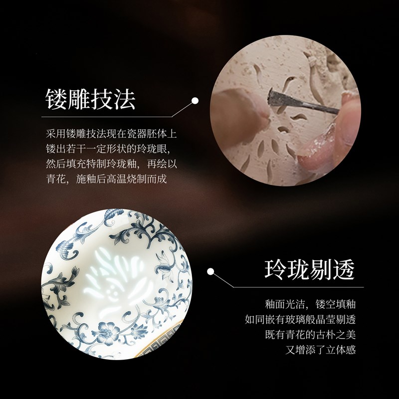 青花瓷玲珑缠枝莲三才盖碗茶杯单个高档不烫手陶瓷泡茶碗茶具套装