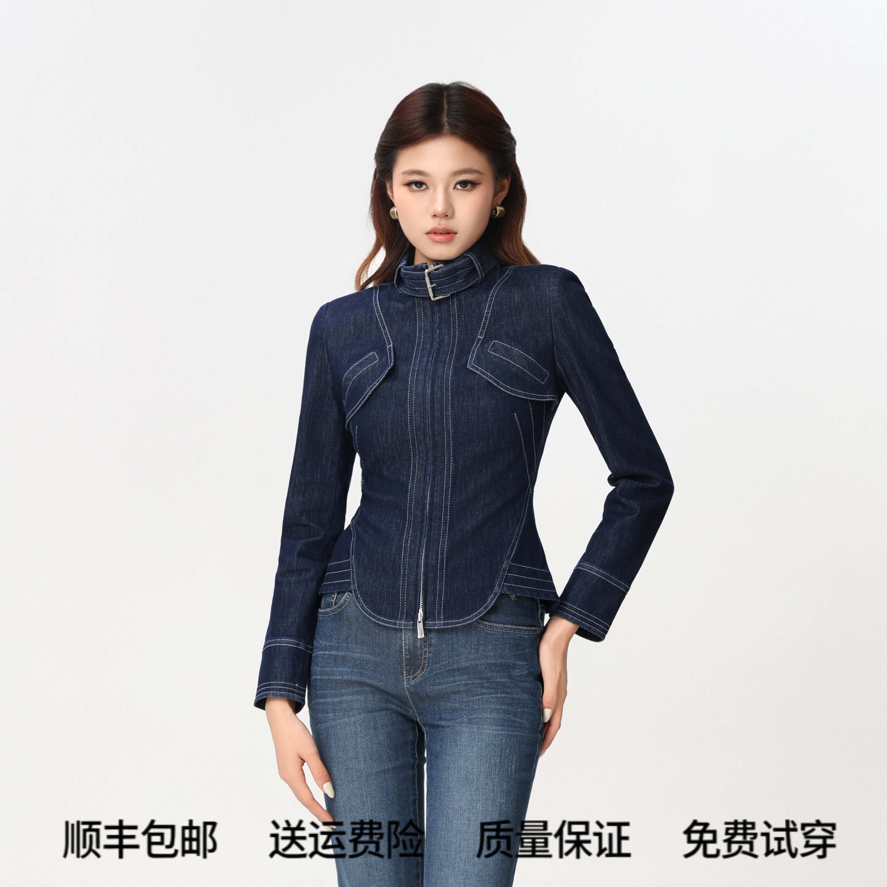 阿玛施秋季收腰显瘦牛仔短外套女