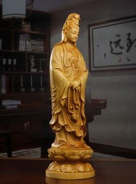 黄杨木南海观音菩萨像实木雕刻佛像家用莲花供奉摆件观世音菩萨像