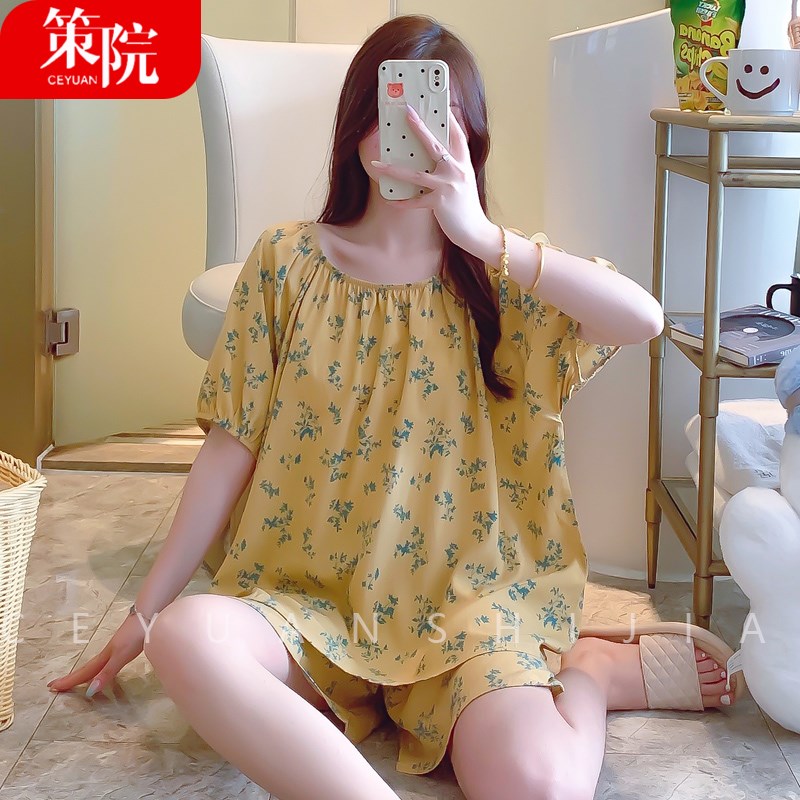 女士棉绸睡衣短袖套装薄款夏季韩版人造棉绵绸空调家居服大码碎花