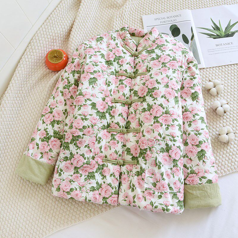 新疆长绒棉夹棉加厚印花棉衣棉服秋冬新款保暖外套棉花睡衣上衣