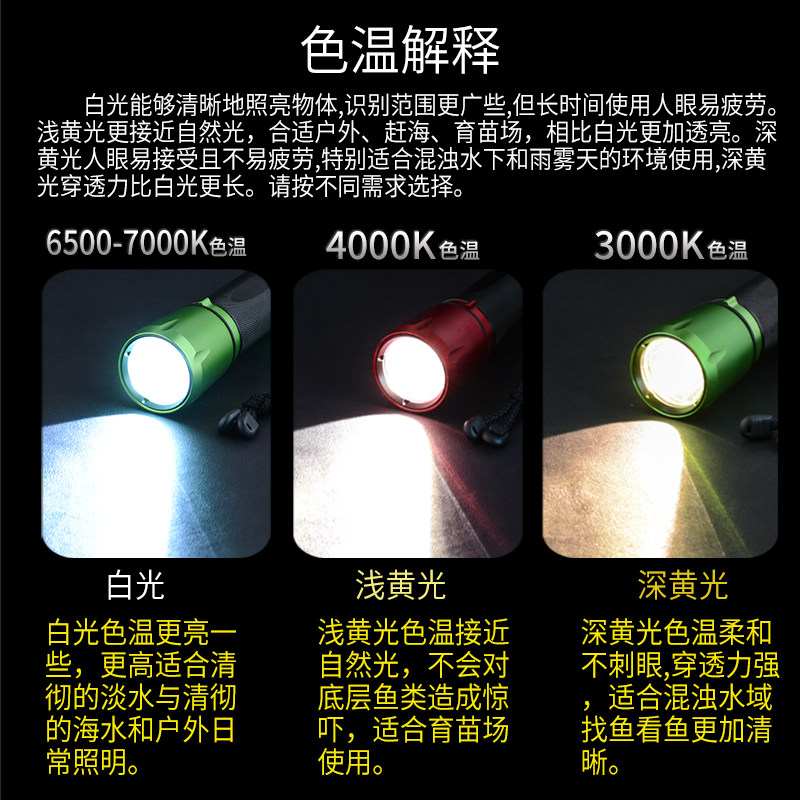 美谷潜水手电筒强光1500流明防水10小时高续航超亮赶海育苗水下灯