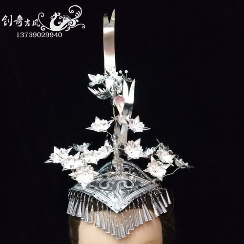 包邮新款苗族头饰一抹红舞蹈服装头饰少数民族银饰流苏演出头饰